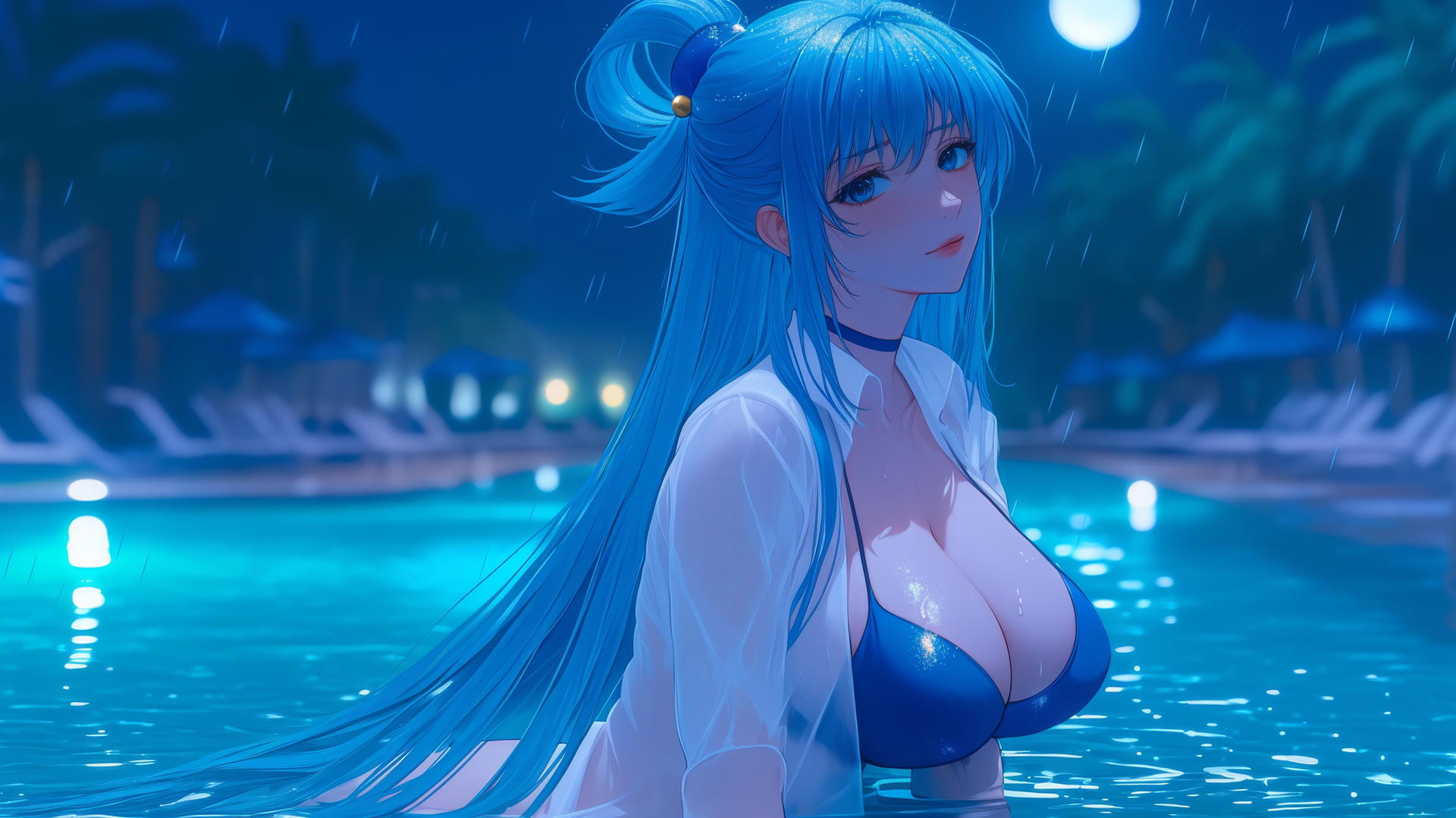 Aqua from KonoSuba resting by a rainy swimming pool at night