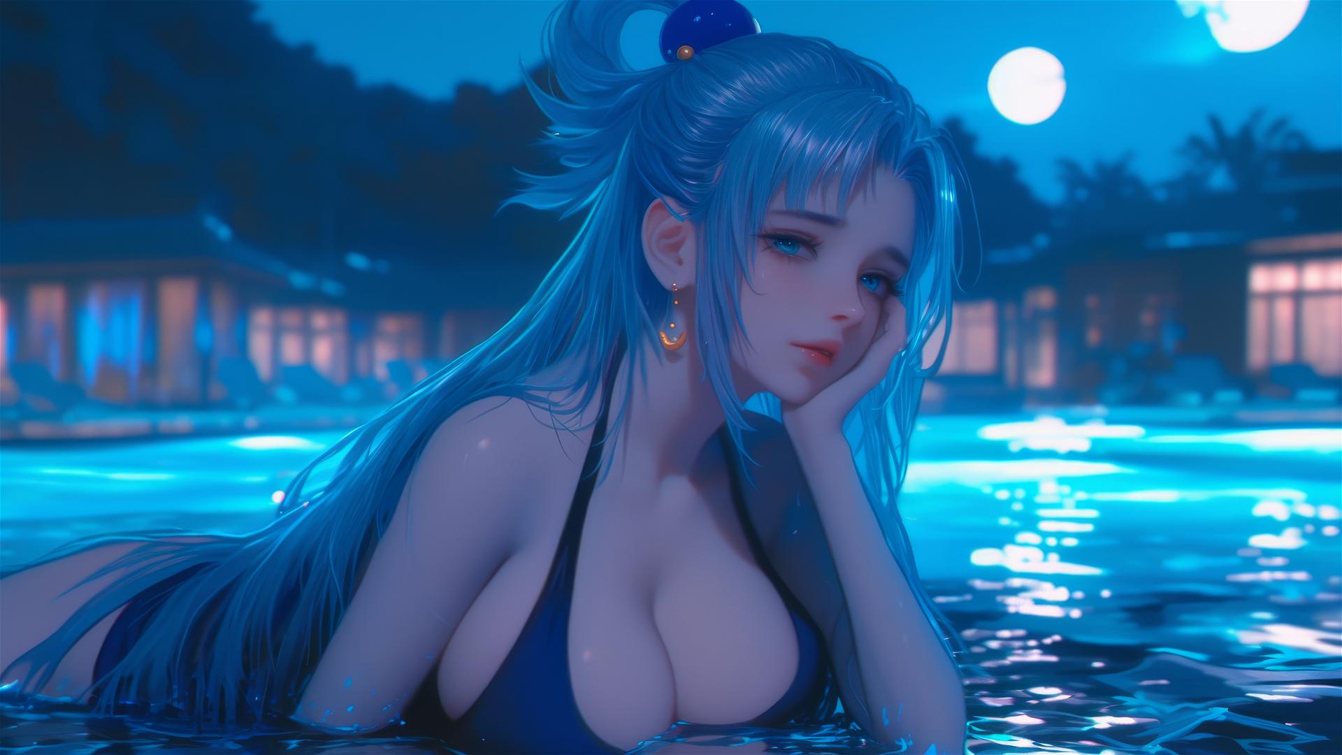 Aqua from KonoSuba resting by a rainy swimming pool under moonlight.