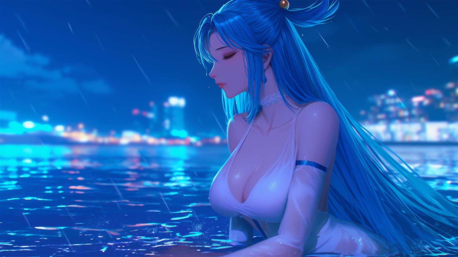 Aqua from KonoSuba resting by a rainy swimming pool with moonlight