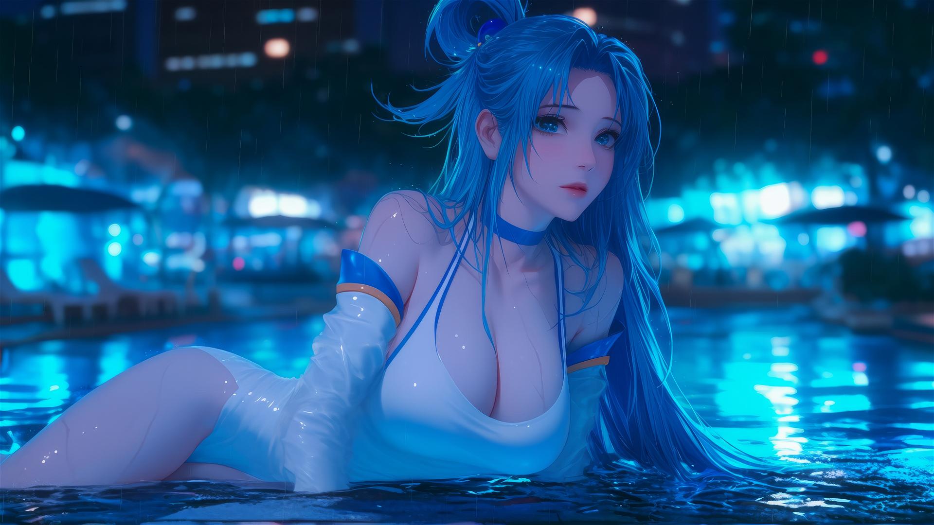 Aqua from KonoSuba resting by a rainy swimming pool under moonlight
