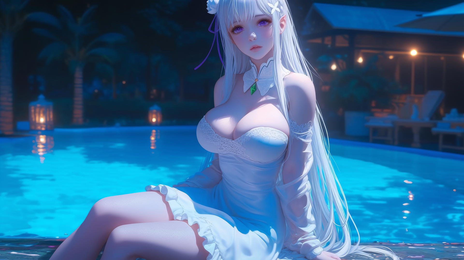 Emilia from Re:Zero resting by a pool under moonlight
