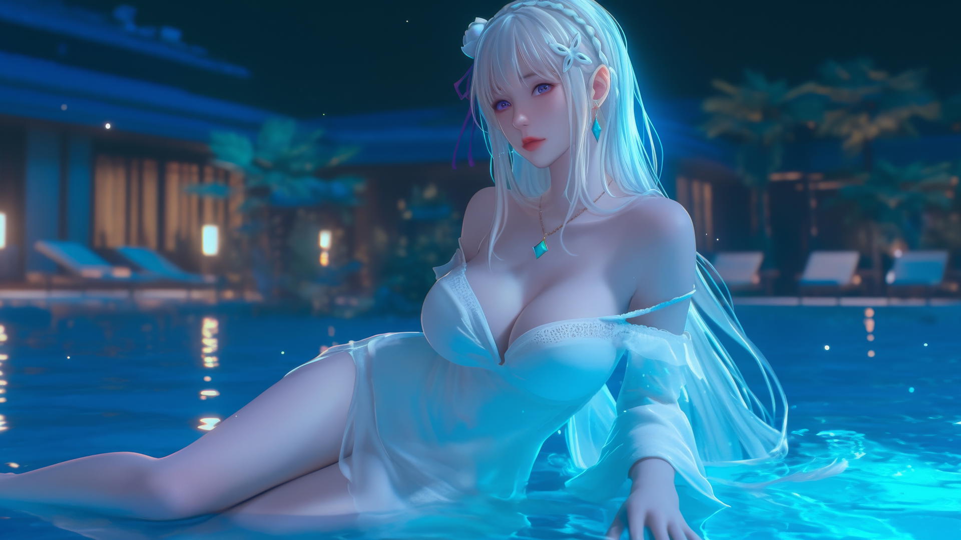 Emilia from Re:Zero resting by a swimming pool under moonlight