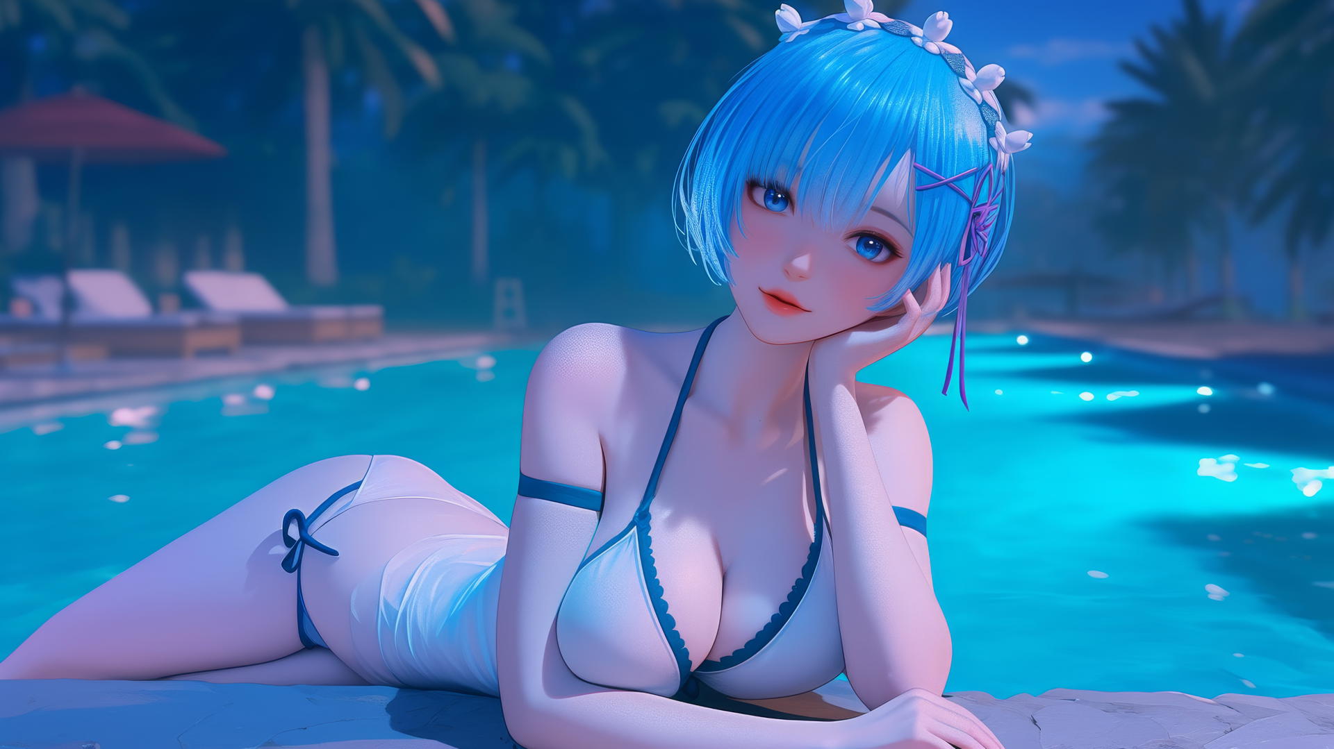 Rem from Re:Zero, resting by the pool under the moonlight