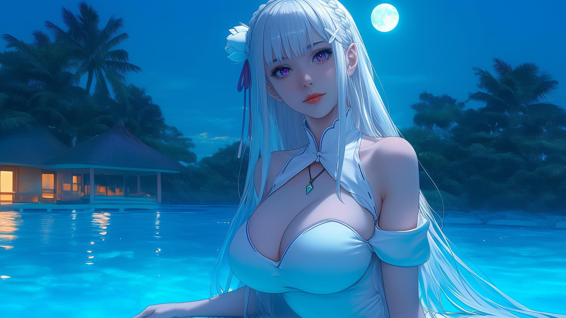 Emilia from Re:Zero resting by a moonlit swimming pool