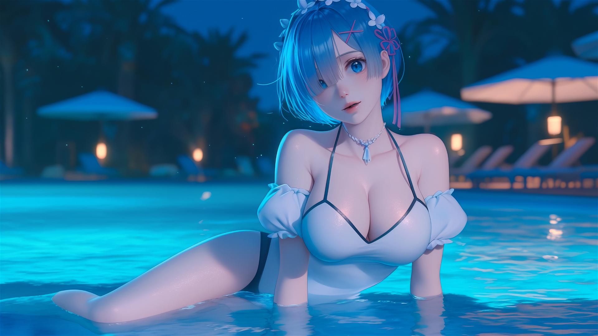 Rem from Re:Zero resting by a swimming pool under moonlight