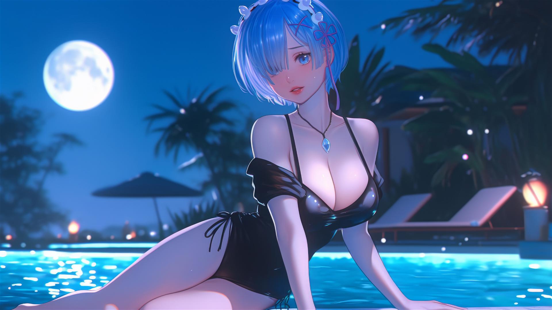 Rem from Re:Zero resting by a swimming pool under moonlight