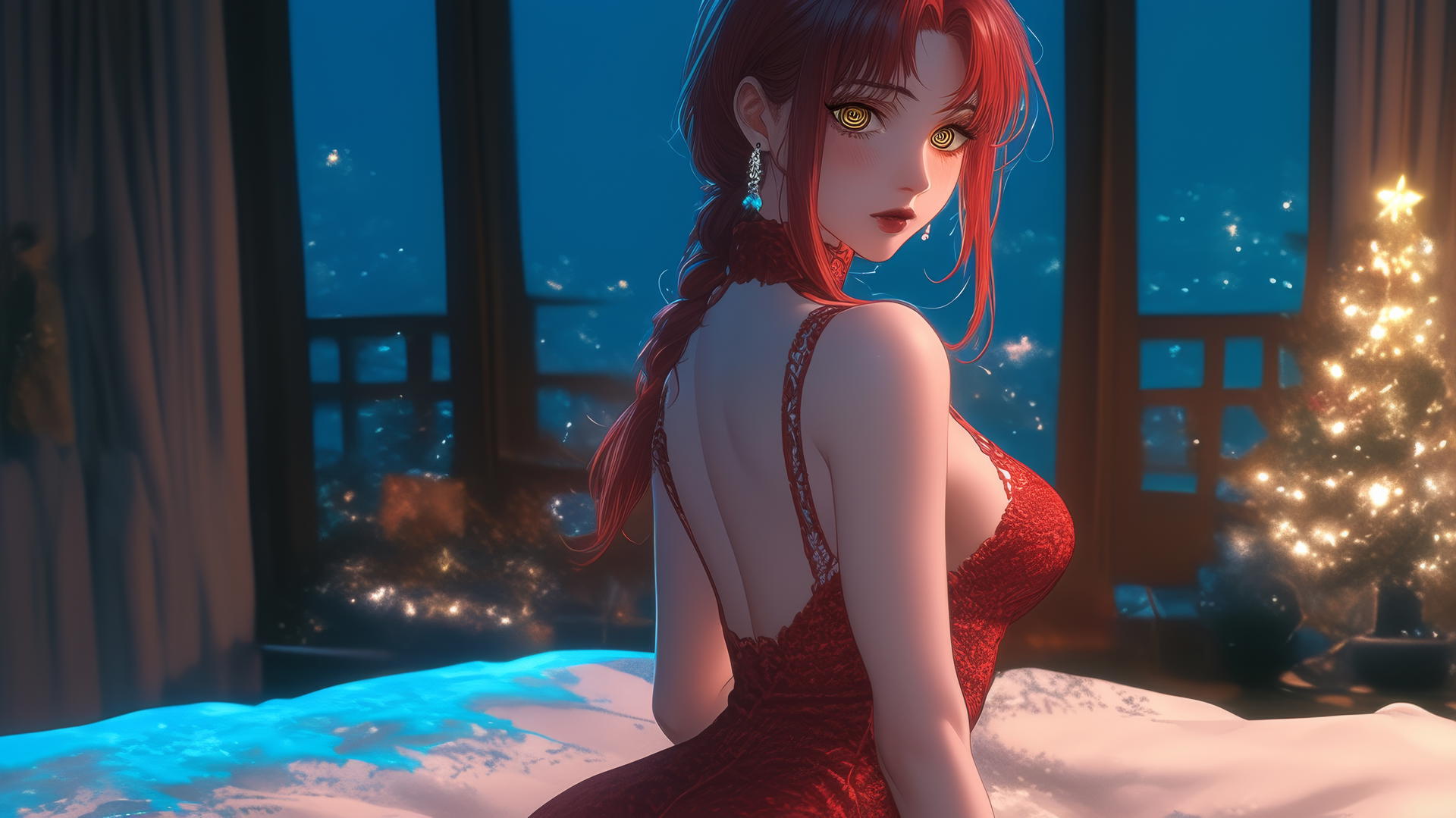 Makima from Chainsaw Man in red Christmas attire, in a warmly lit modern hotel room