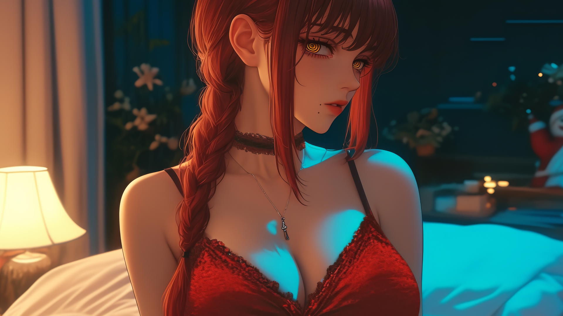 Makima from Chainsaw Man in a Christmas red outfit, standing in a modern hotel room with warm lighting.