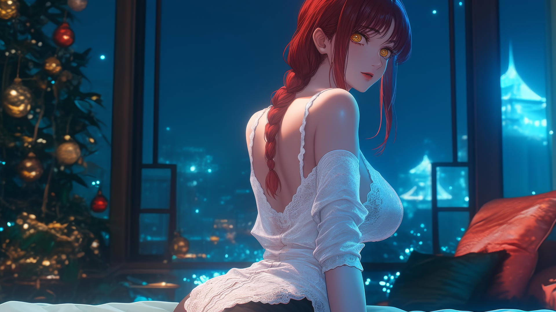 Makima from Chainsaw Man in a Christmas-themed hotel room, with warm light highlighting her figure.