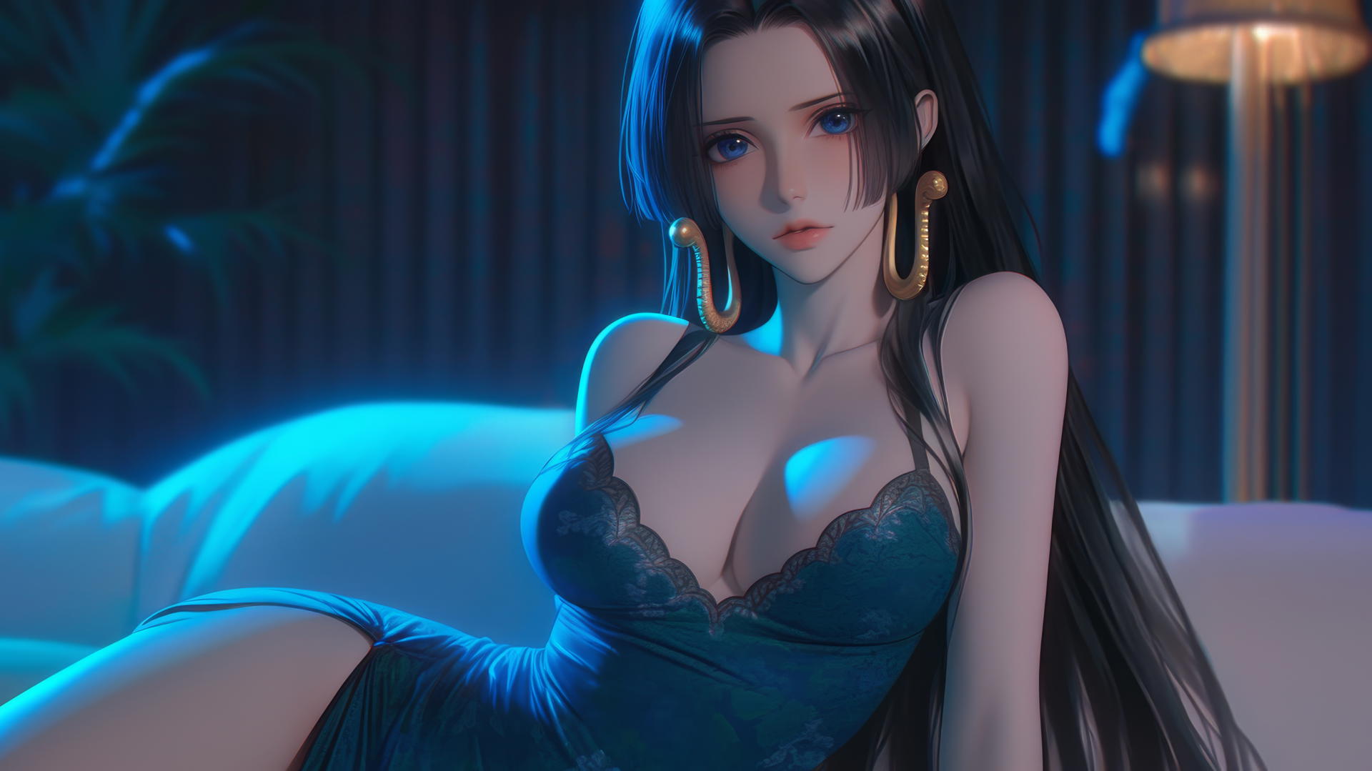 Boa Hancock relaxing in a modern hotel room with warm light