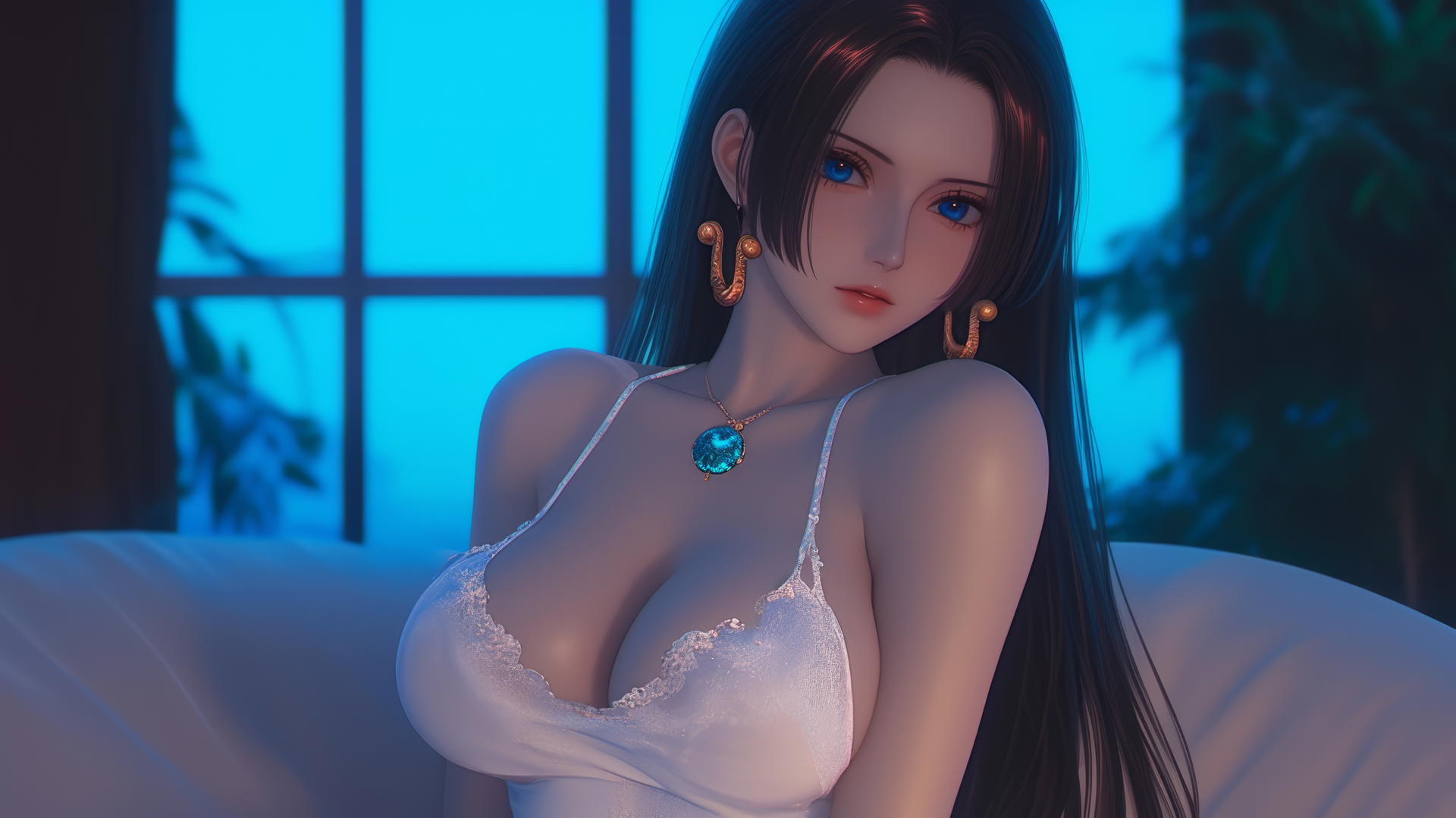 Boa Hancock from One Piece resting in a modern hotel room with warm light