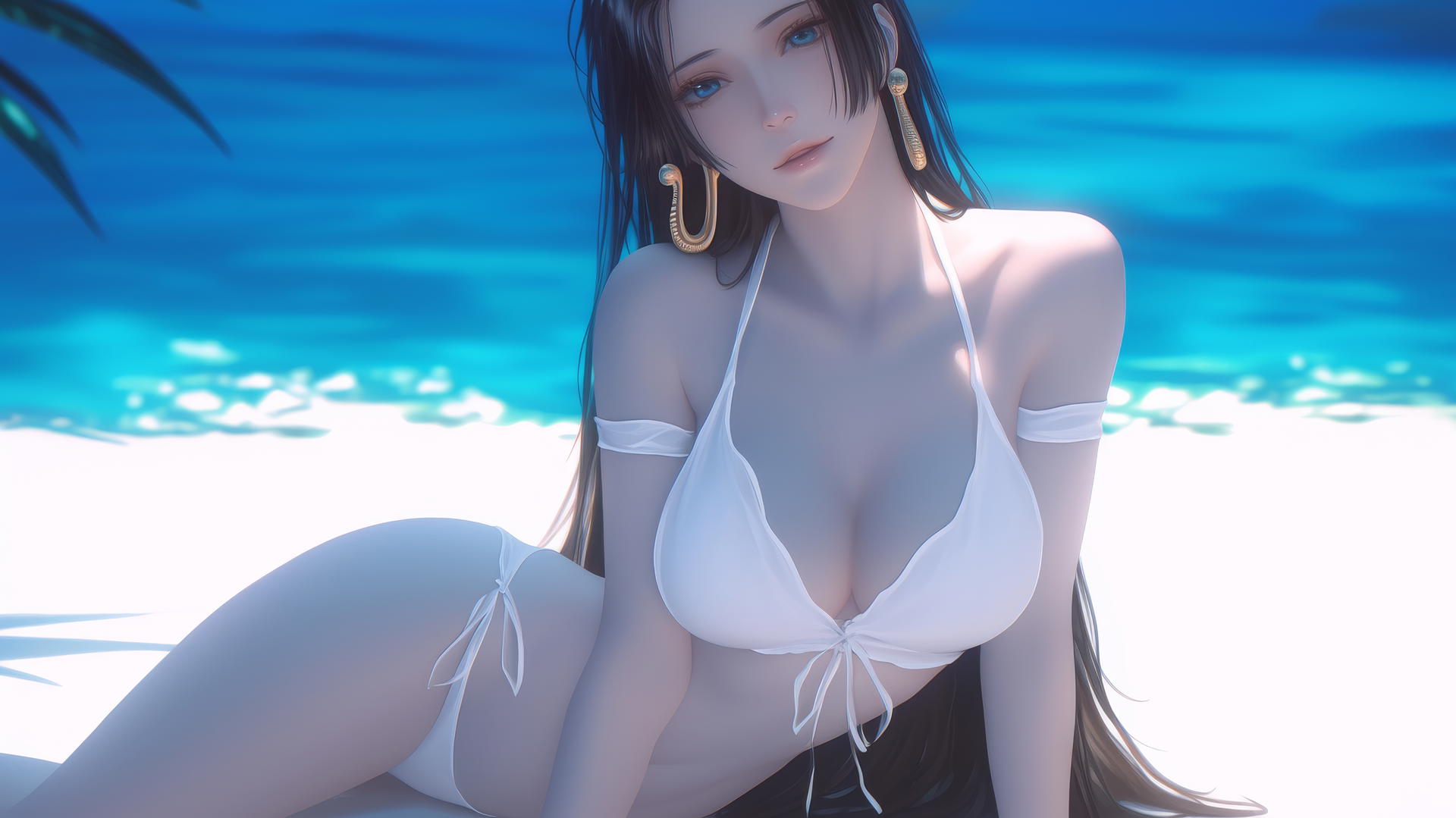Boa Hancock from One Piece at beach, soft glow, beautiful