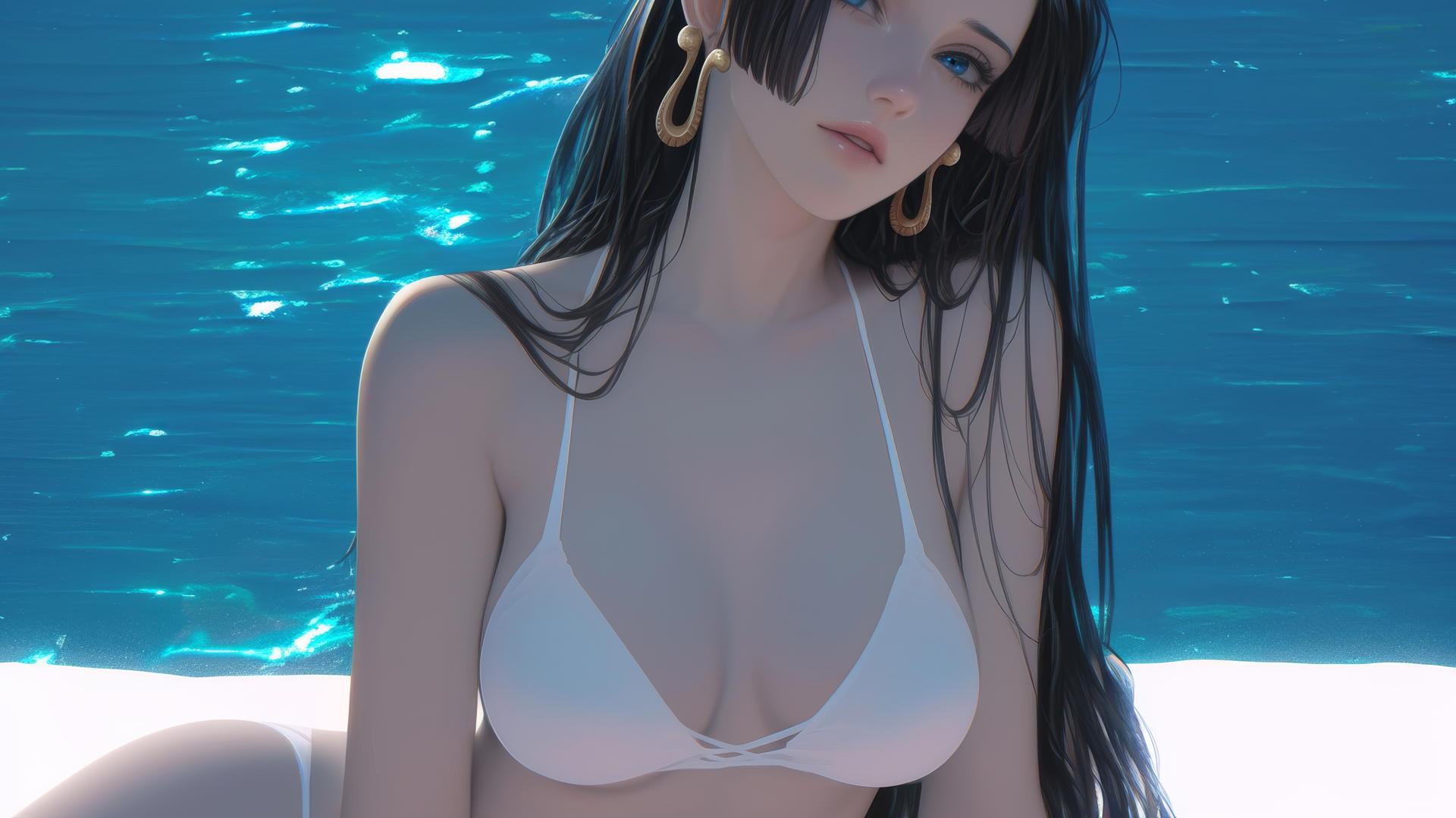 Boa Hancock from One Piece, resting at the beach with warm light.