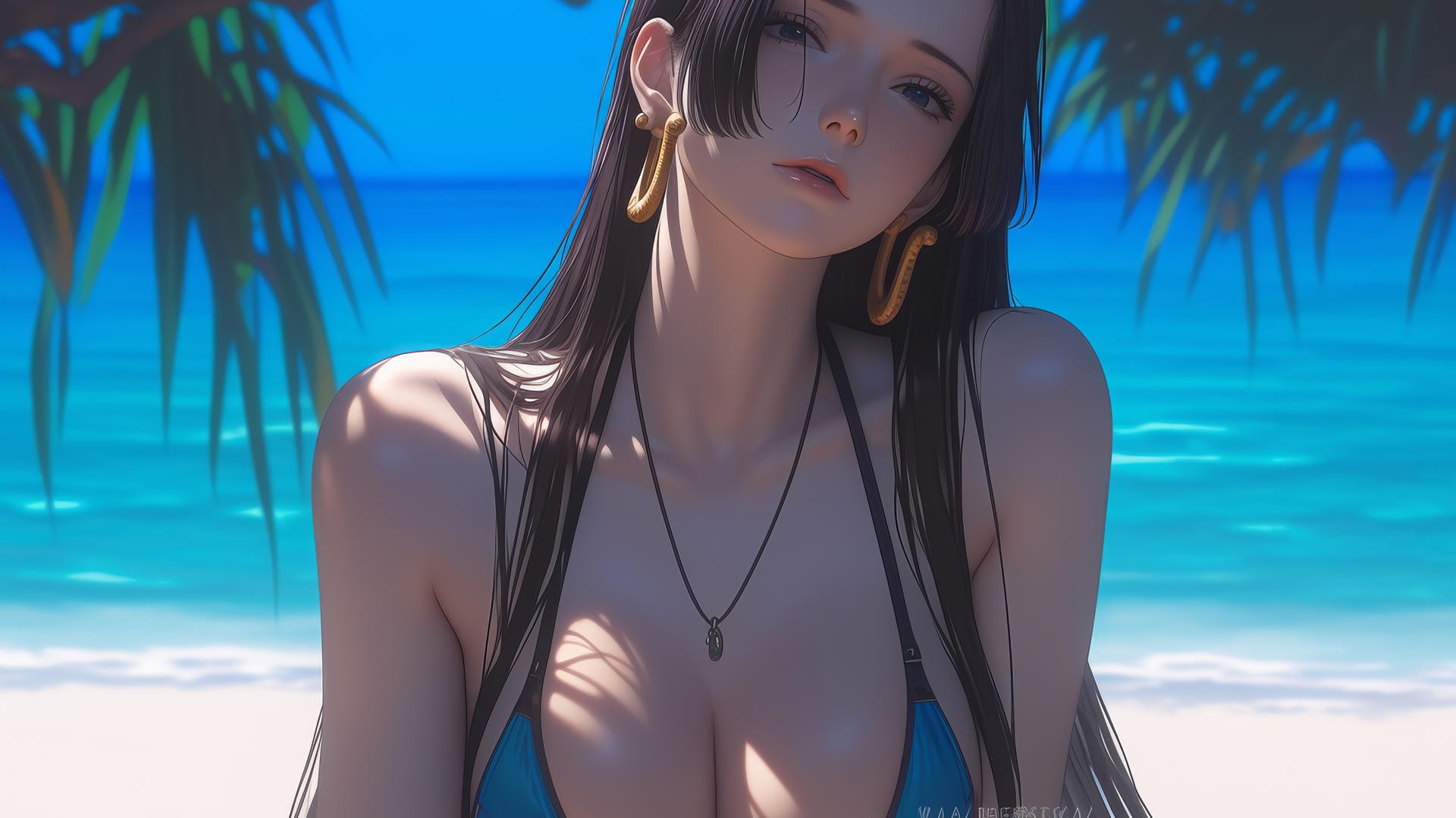 Boa Hancock from One Piece resting at the beach, warm glow
