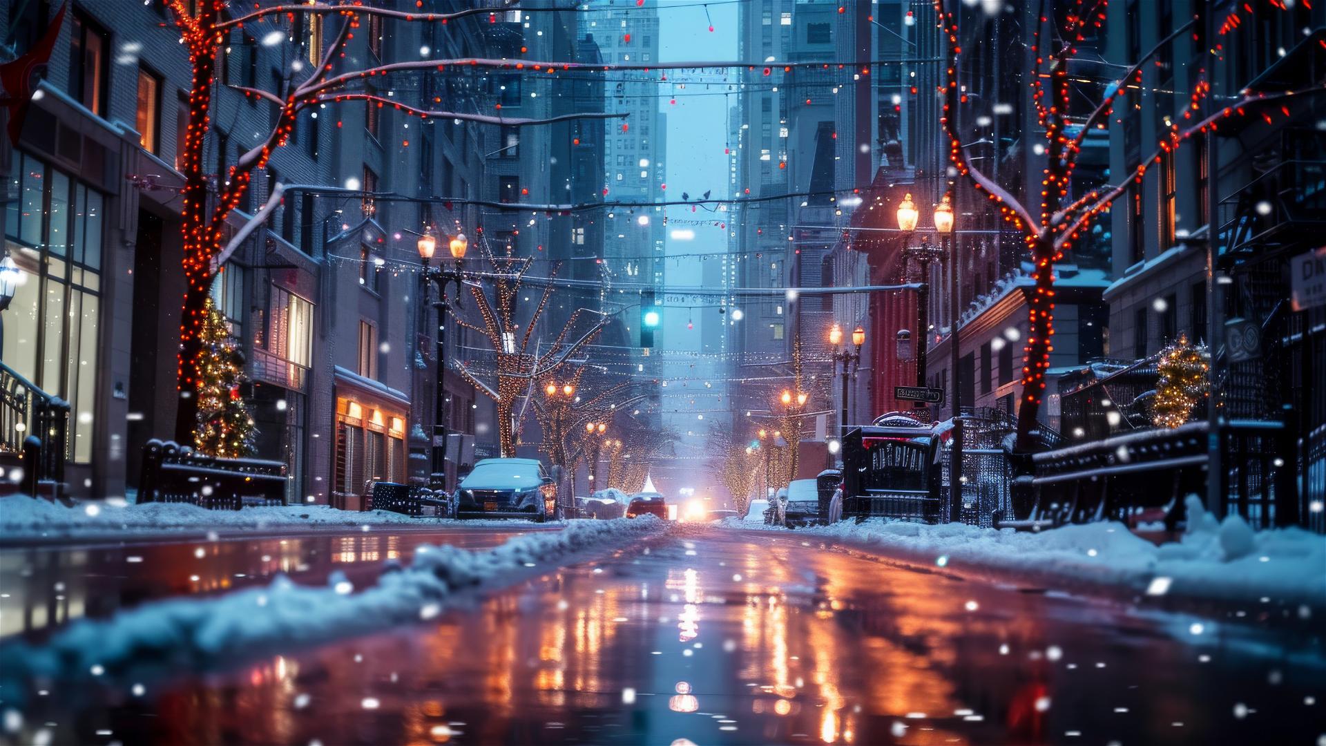 Christmas night on a silent street in a modern city