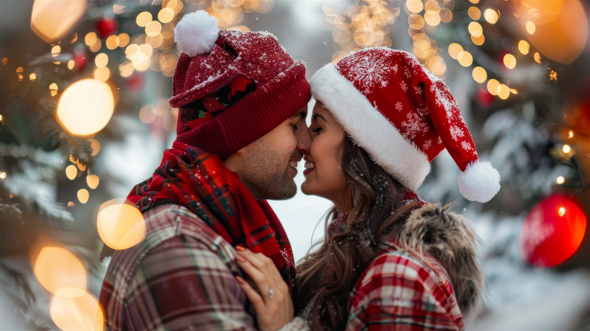 Two lovers kissing in Christmas outfits