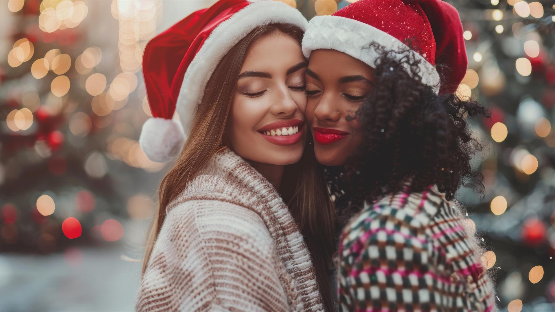 Two women kissing in Christmas outfits