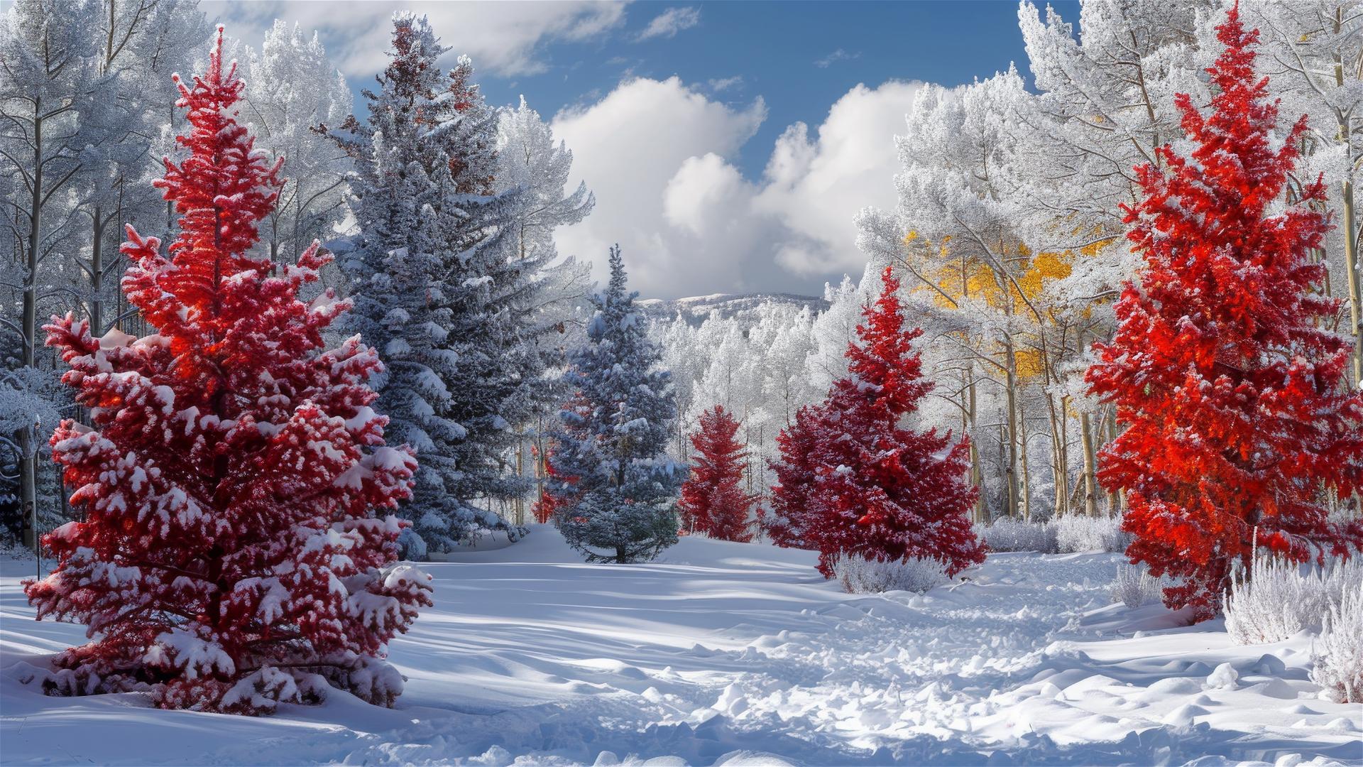 Red Christmas trees covered in white snow in Colorado