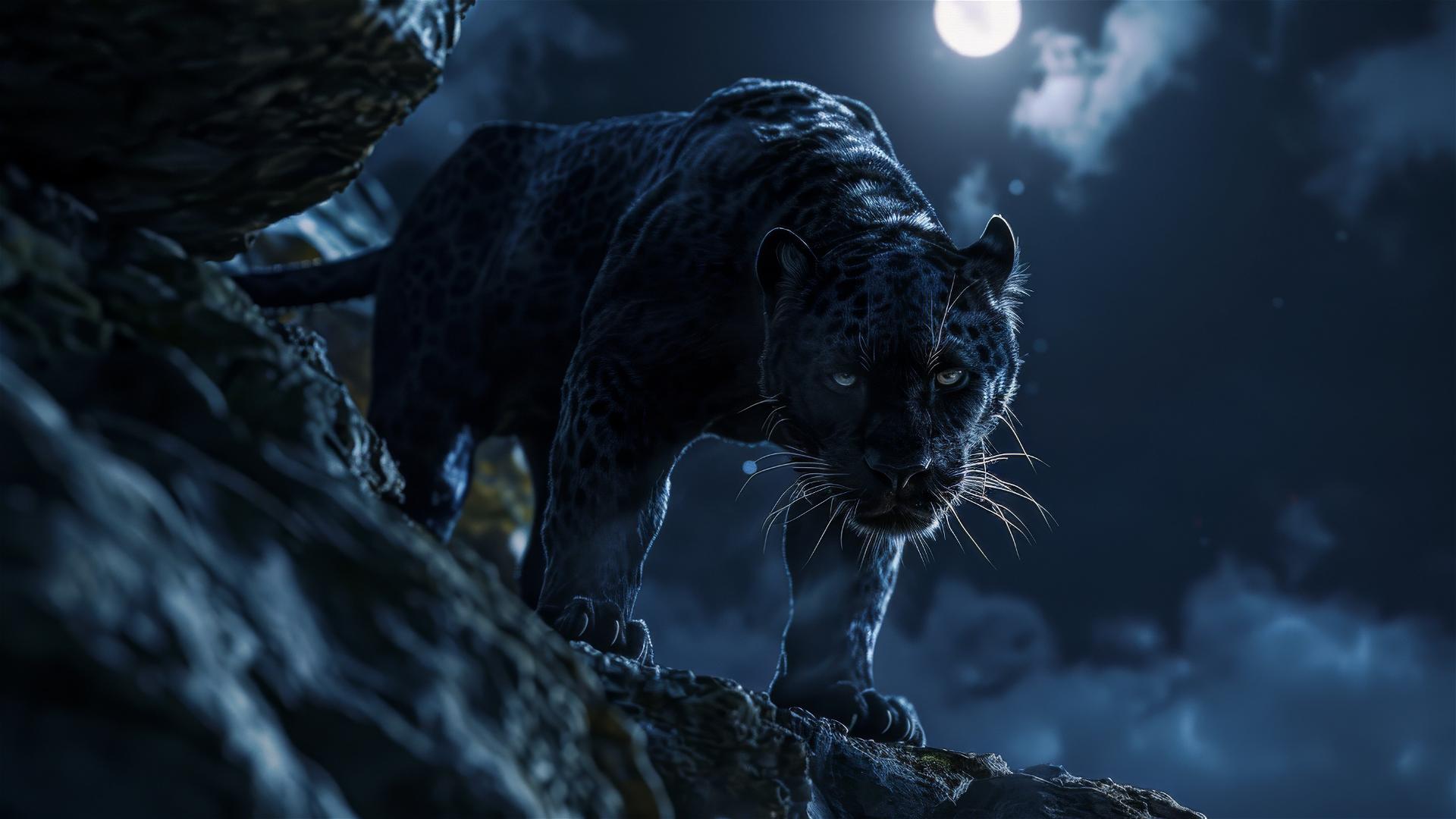 Black panther on a rocky ledge under moonlight