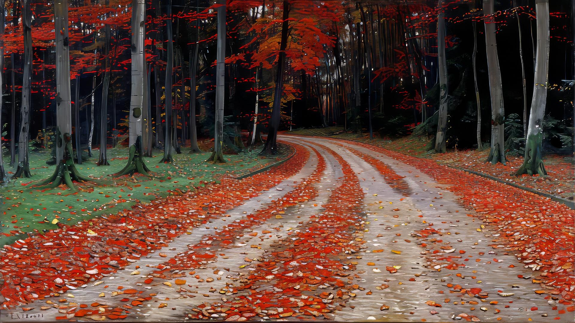 Gustave Klimt style autumn forest with stars, sunset, and hidden creatures