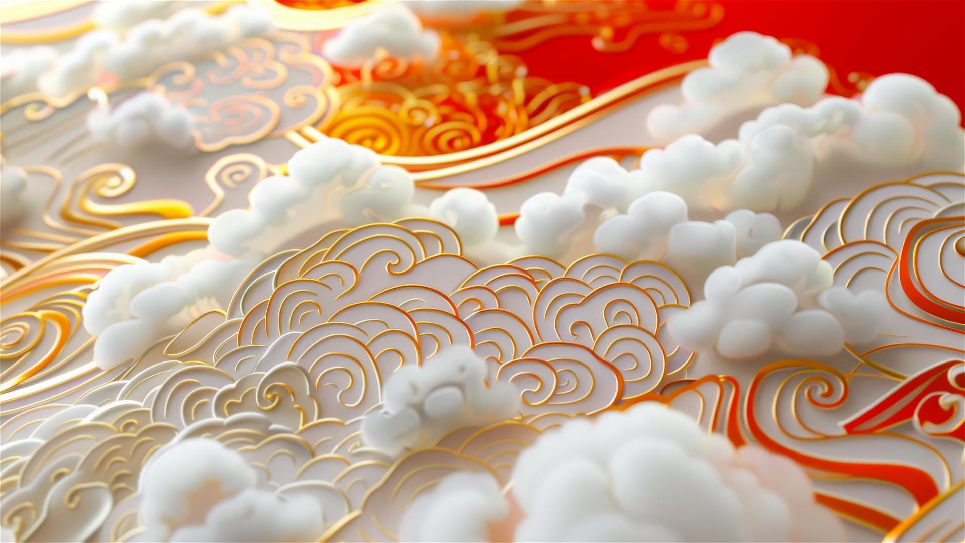 Cloisonne enamel with white and orange patterns, red background, gold light effects