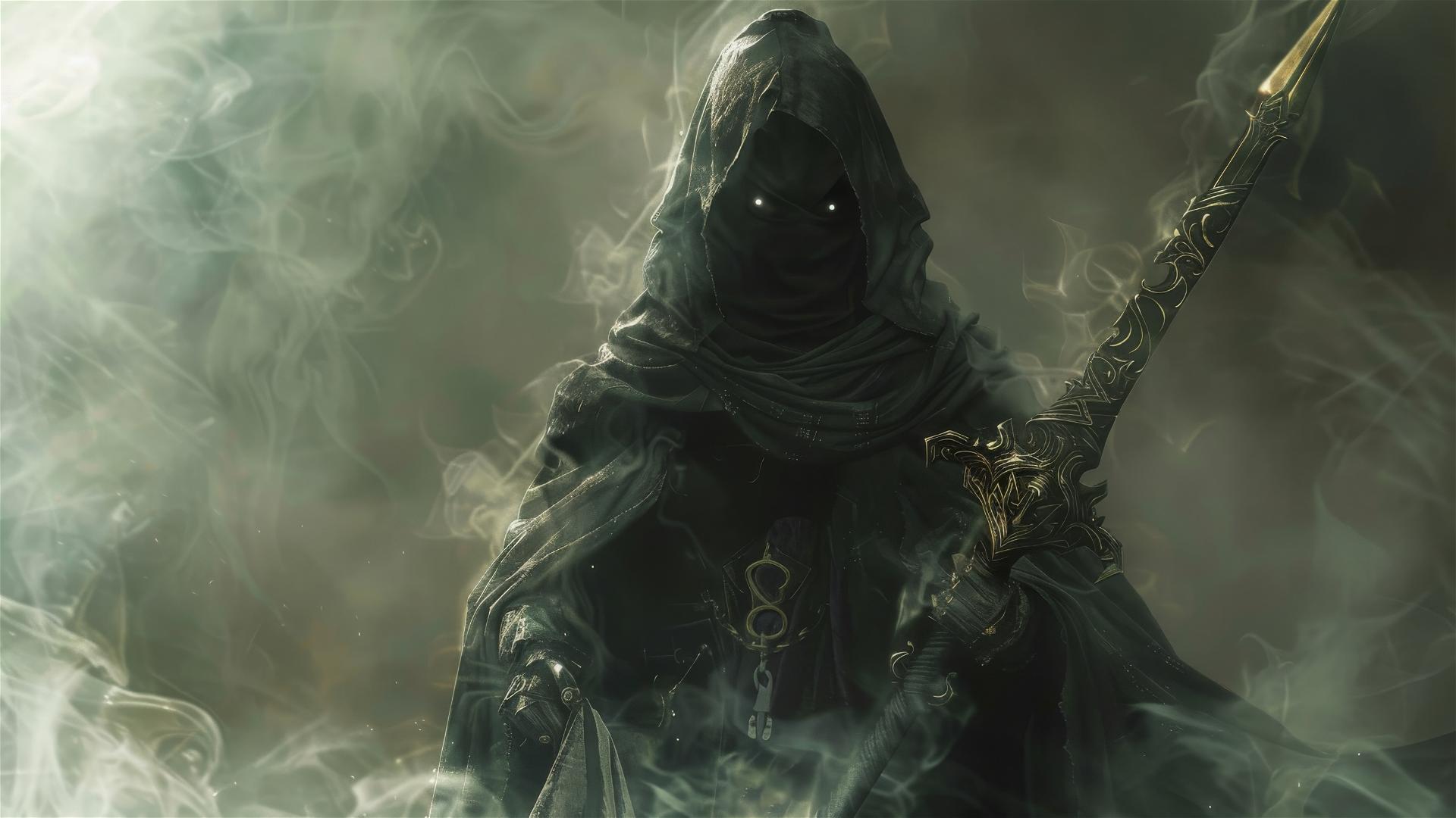 Dark fantasy figure with a sword surrounded by mist and smoke