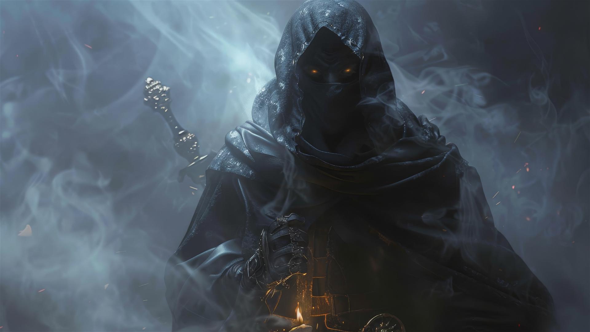 Hooded figure in black robes with glowing eyes, holding an ornate sword amid smoke and mist.