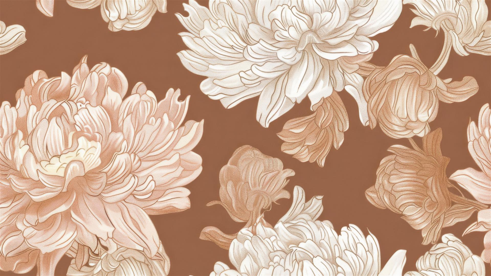 Hand drawn large flowers in pink and beige on brown background