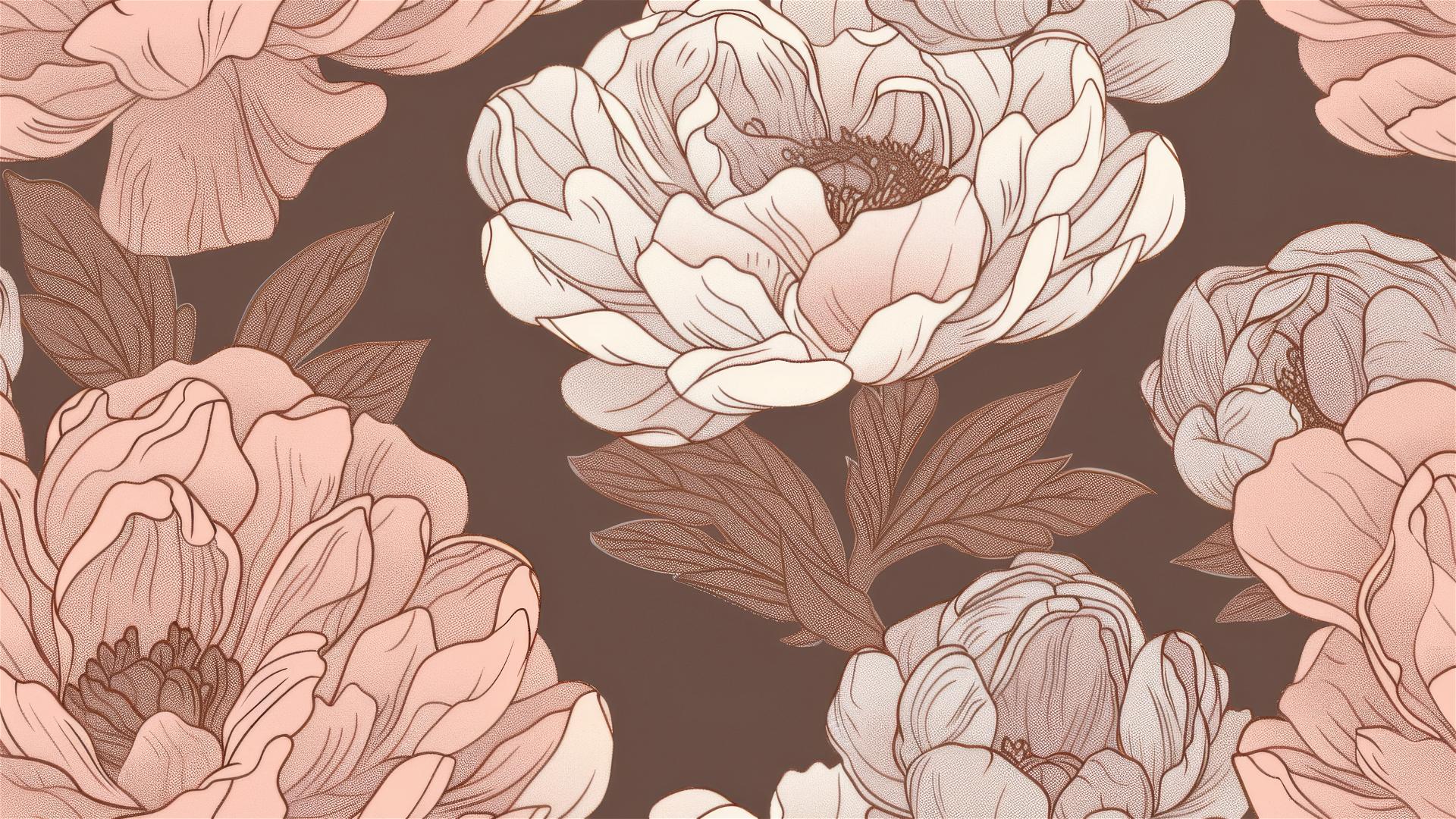 Seamless pattern of large pink and beige flowers on a brown background.