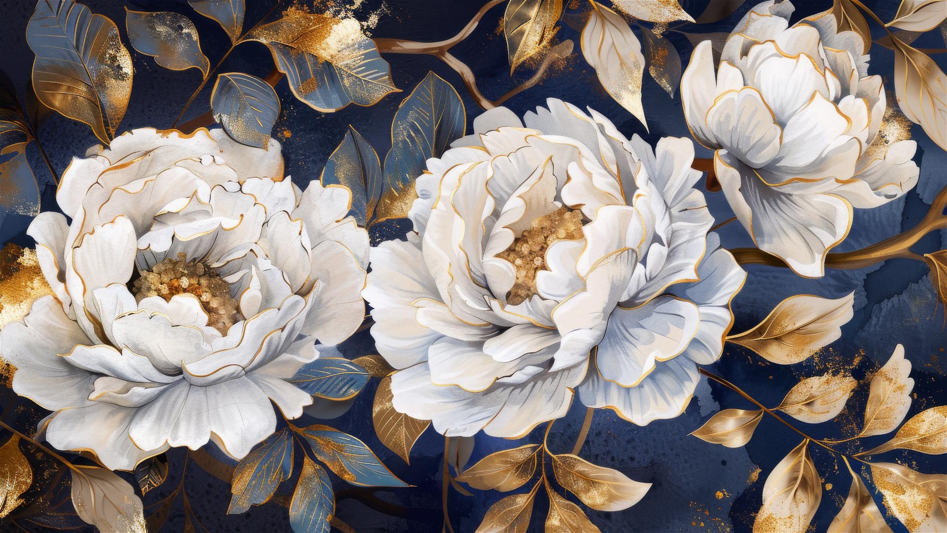 Vintage-style oil painting of white peonies, roses, and flowers with gold and blue leaves.