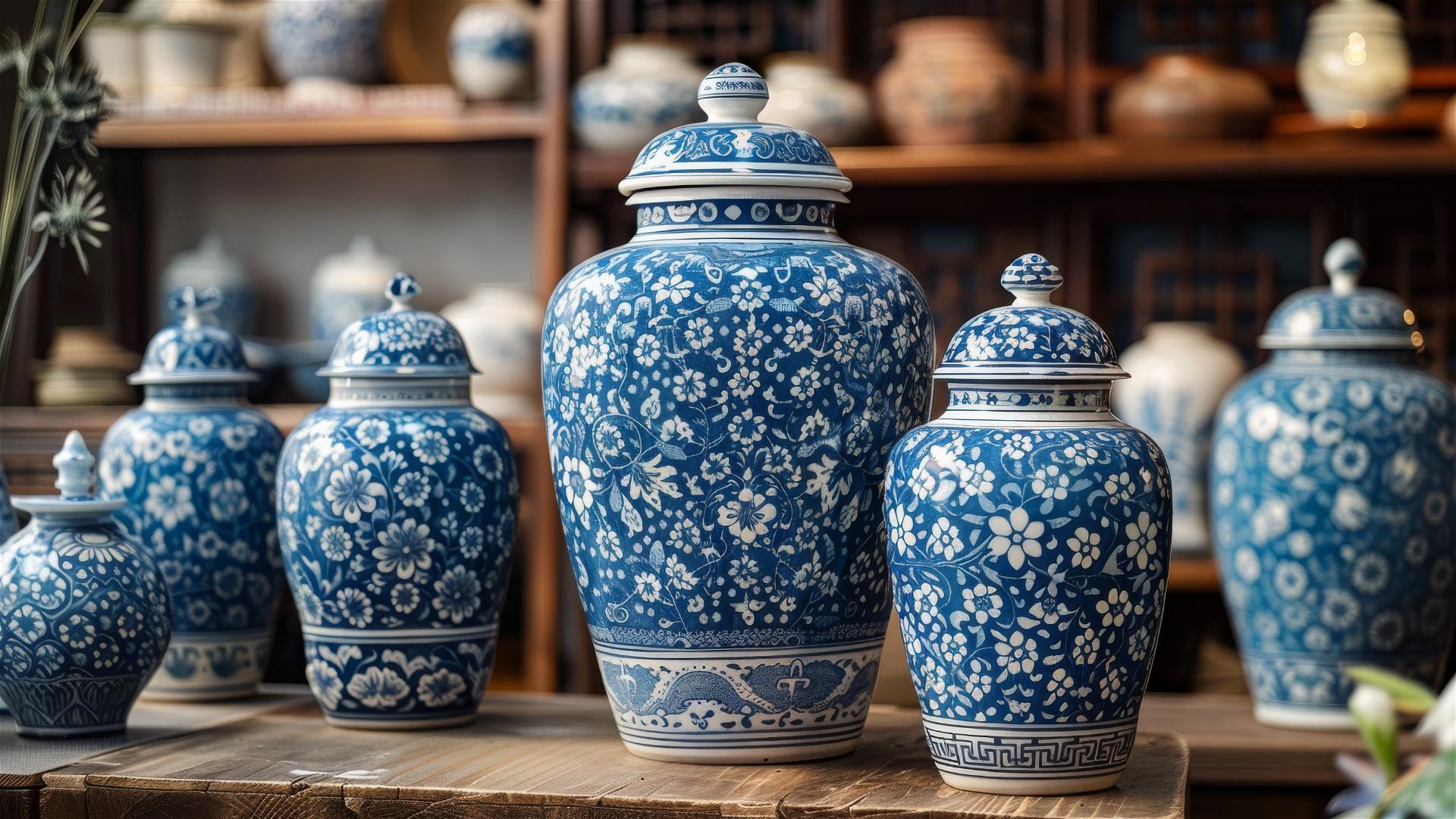 Blue and white Chinese porcelain with traditional patterns and multi-layered design