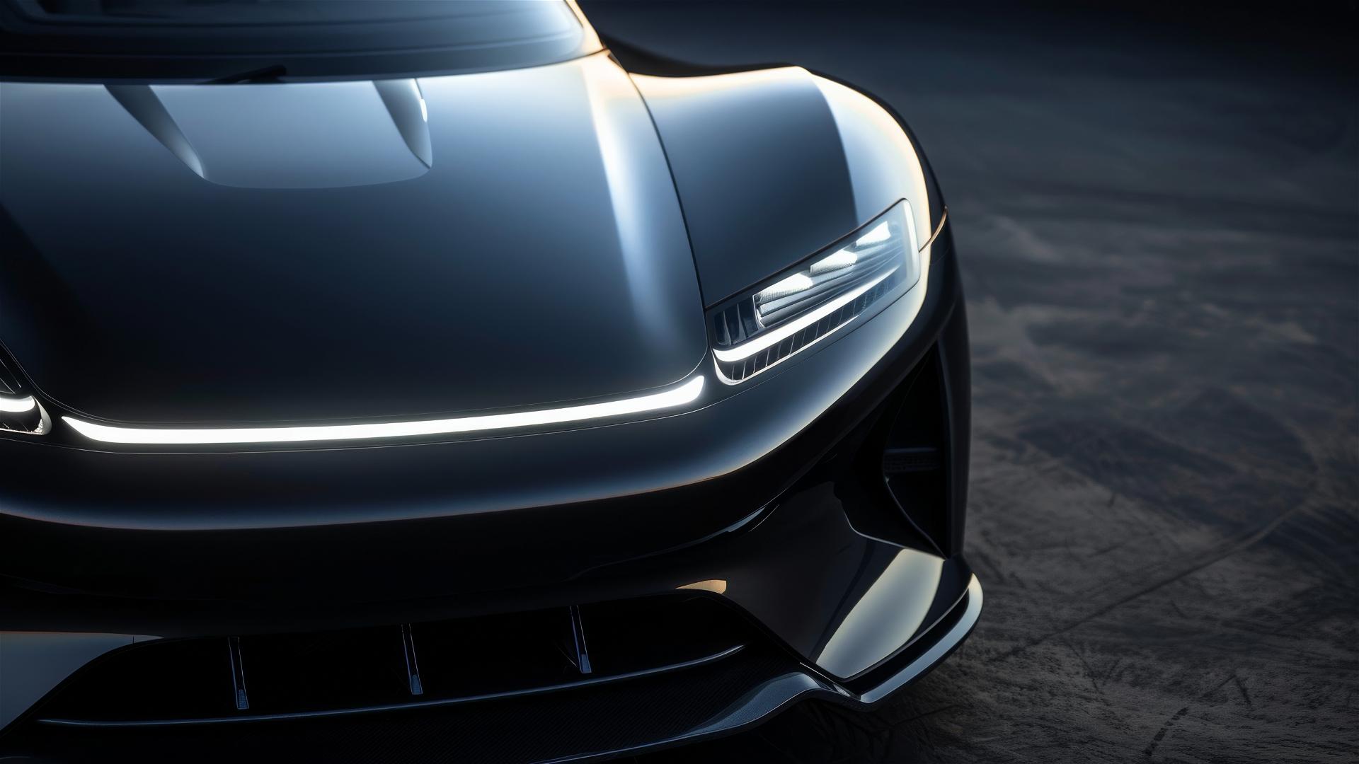 Close-up of electric coupe headlight with LED strip and shark nose front