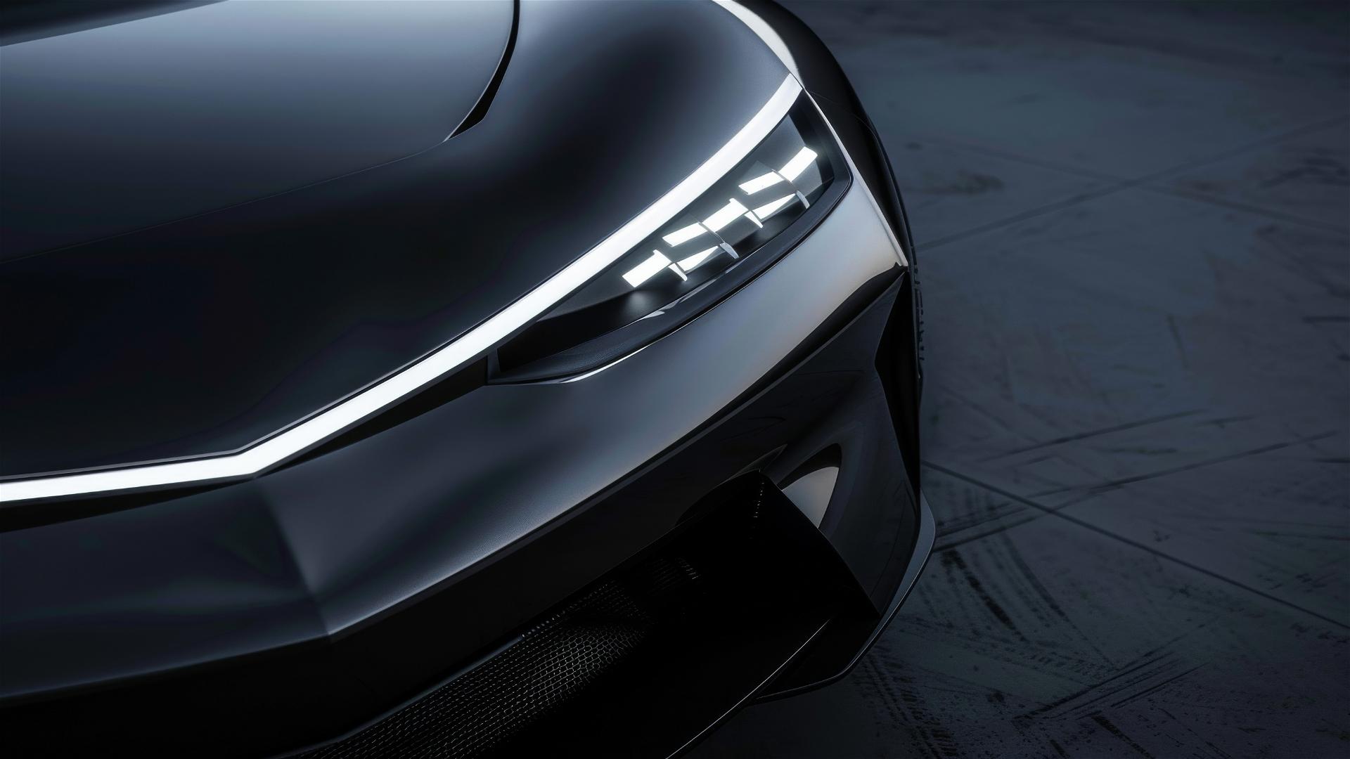 Close-up of an electric coupe's headlights with a thin LED strip and black satin body.