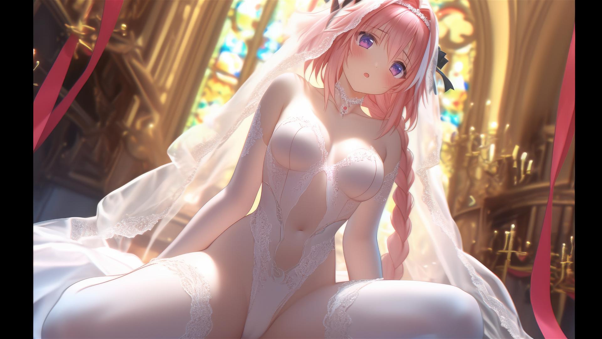 Astolfo from Type Moon in a wedding dress, kneeling and looking down, with a warm glow.