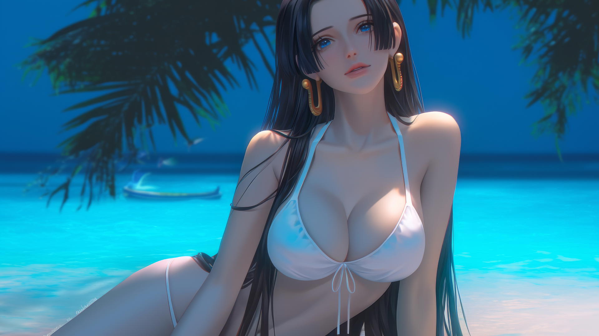 Boa Hancock from One Piece resting at a beach, glowing in warm light.