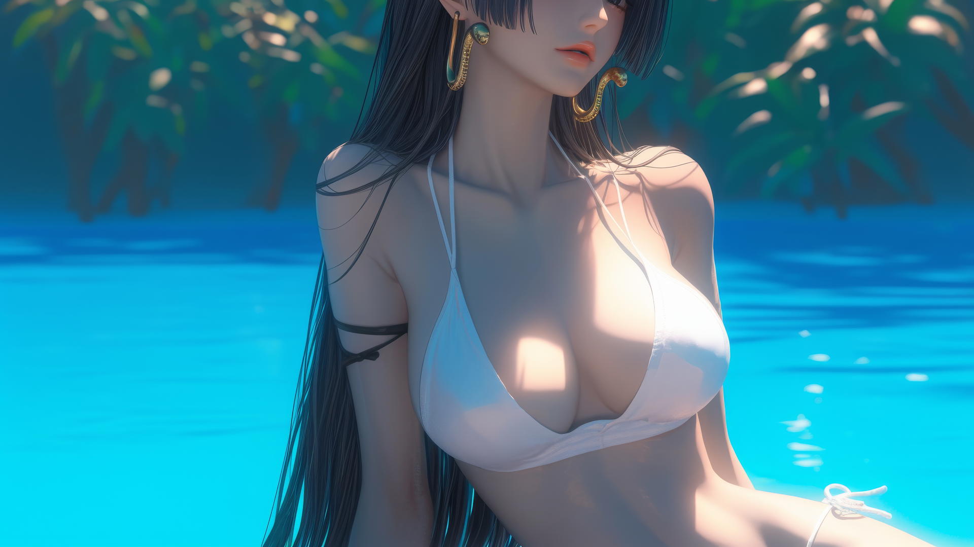 Boa Hancock resting on a beach with warm sunlight