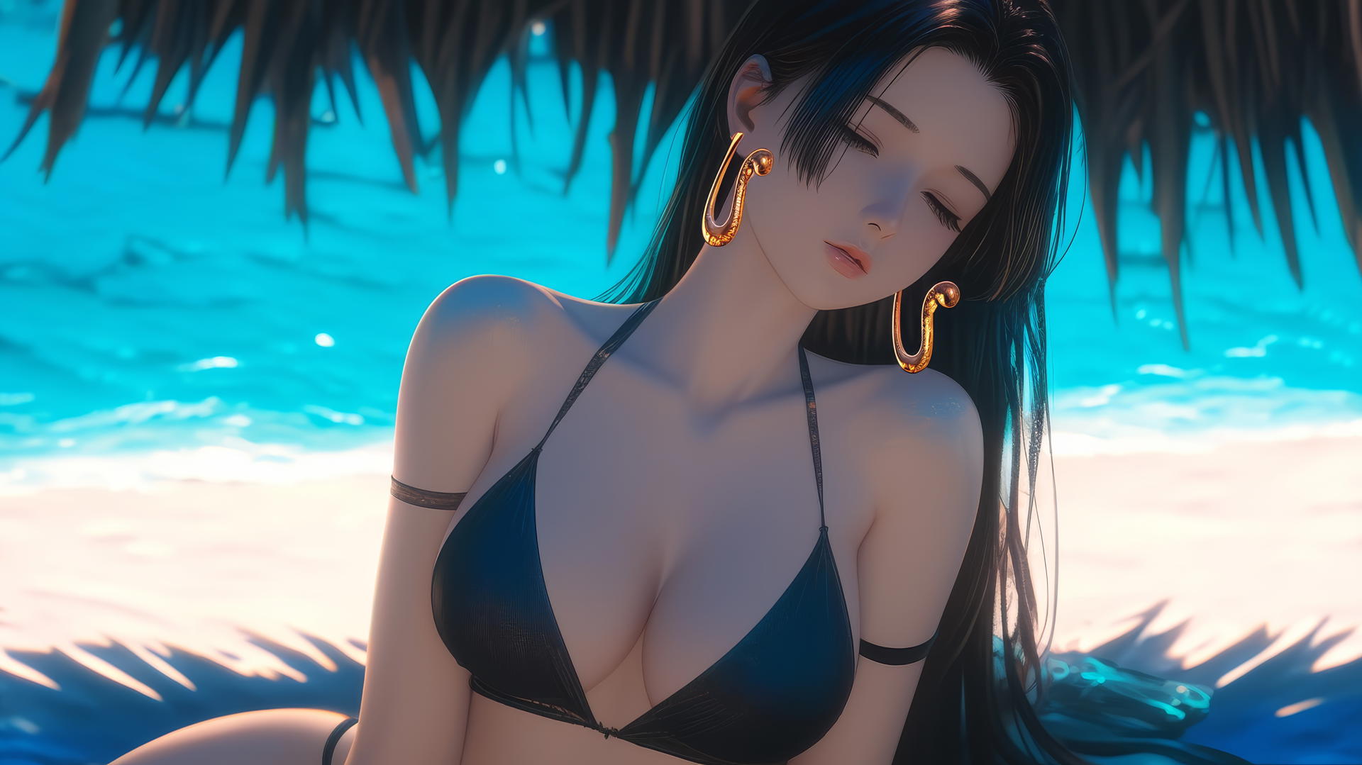 Boa Hancock from One Piece resting at the beach with warm light.