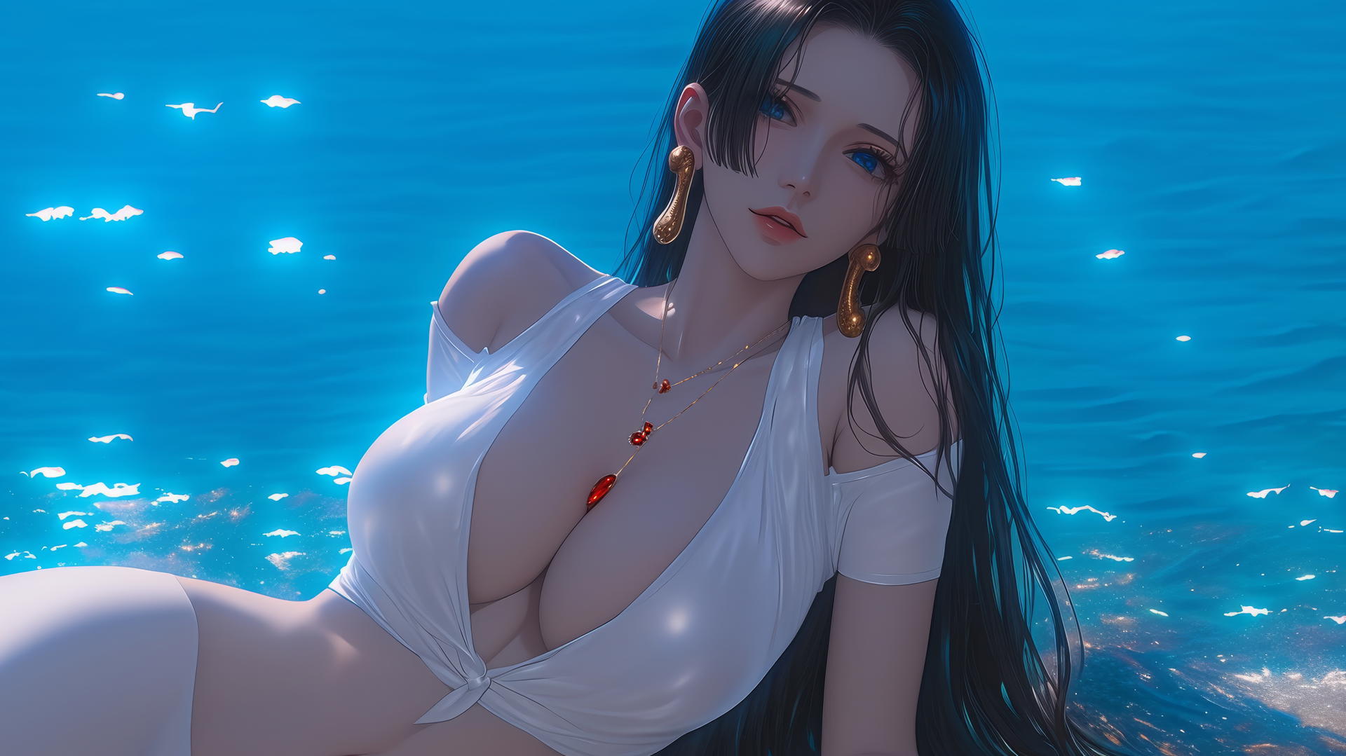 Boa Hancock resting at the beach with a warm, soft glow