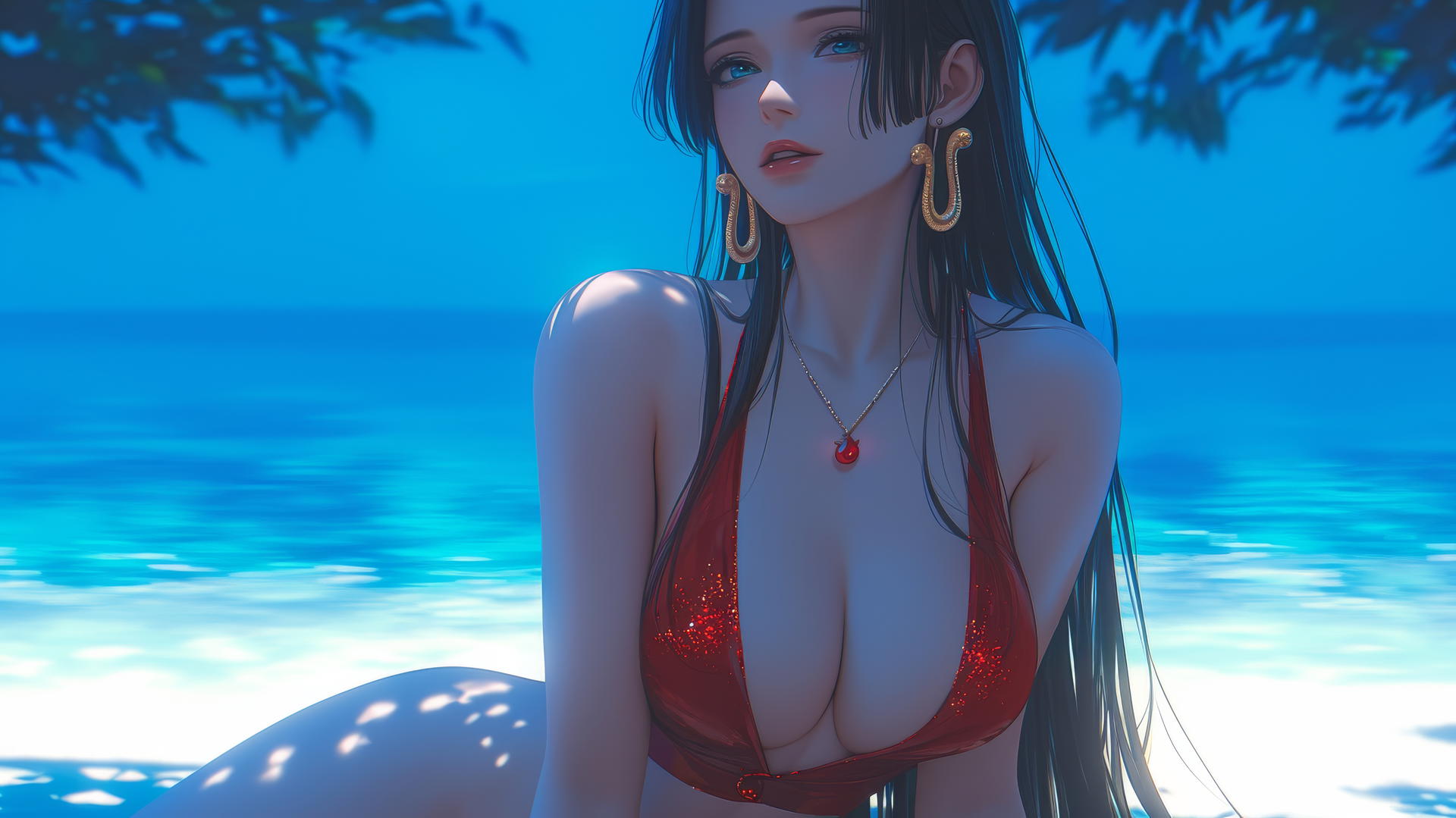 Boa Hancock from One Piece, resting at beach with warm light casting a soft glow