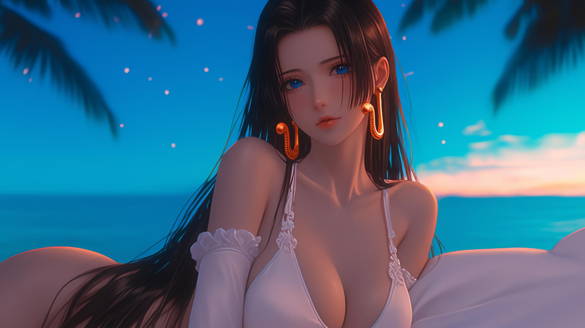 Boa Hancock resting on beach during sunset with neon pink sky and soft glow