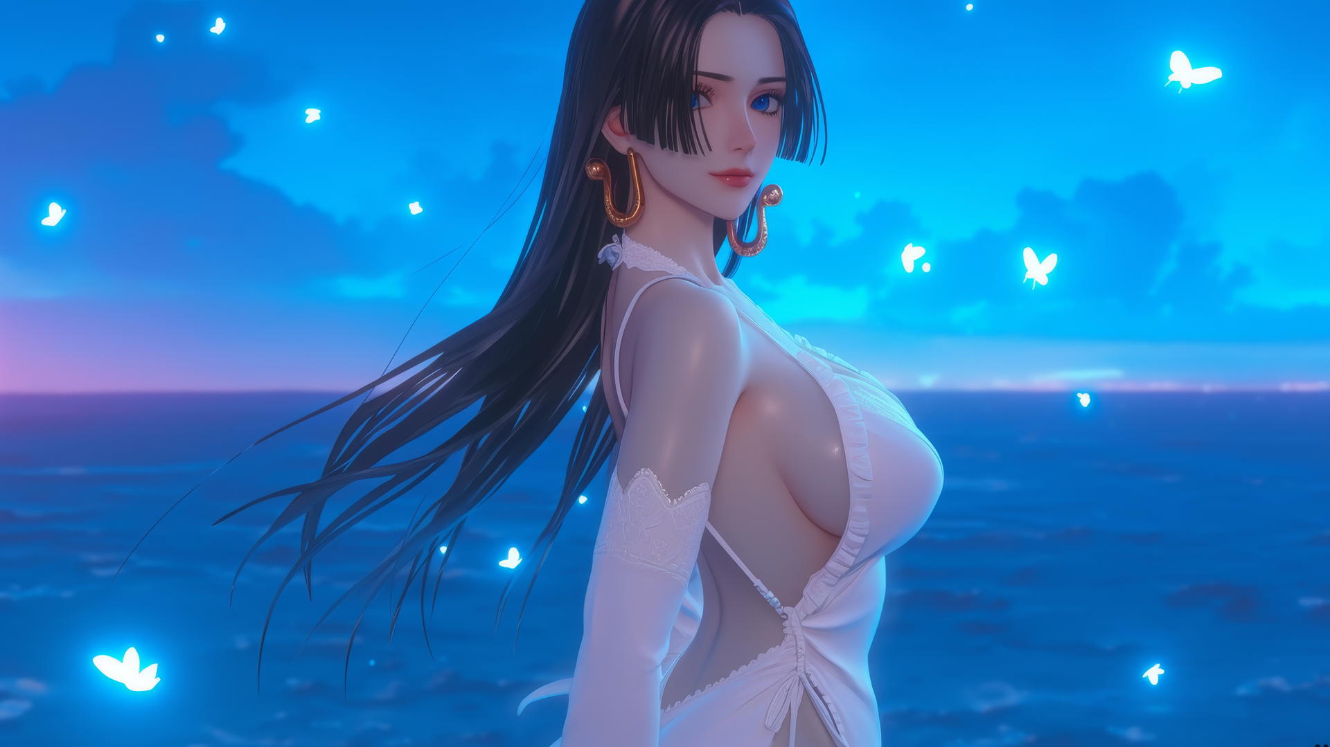Boa Hancock running on a beach during a romantic neon pink sunset
