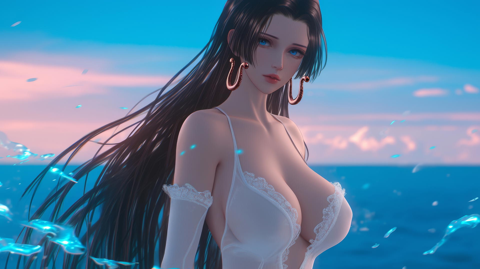 Boa Hancock from One Piece running on a beach during a romantic sunset with a neon pink sky.