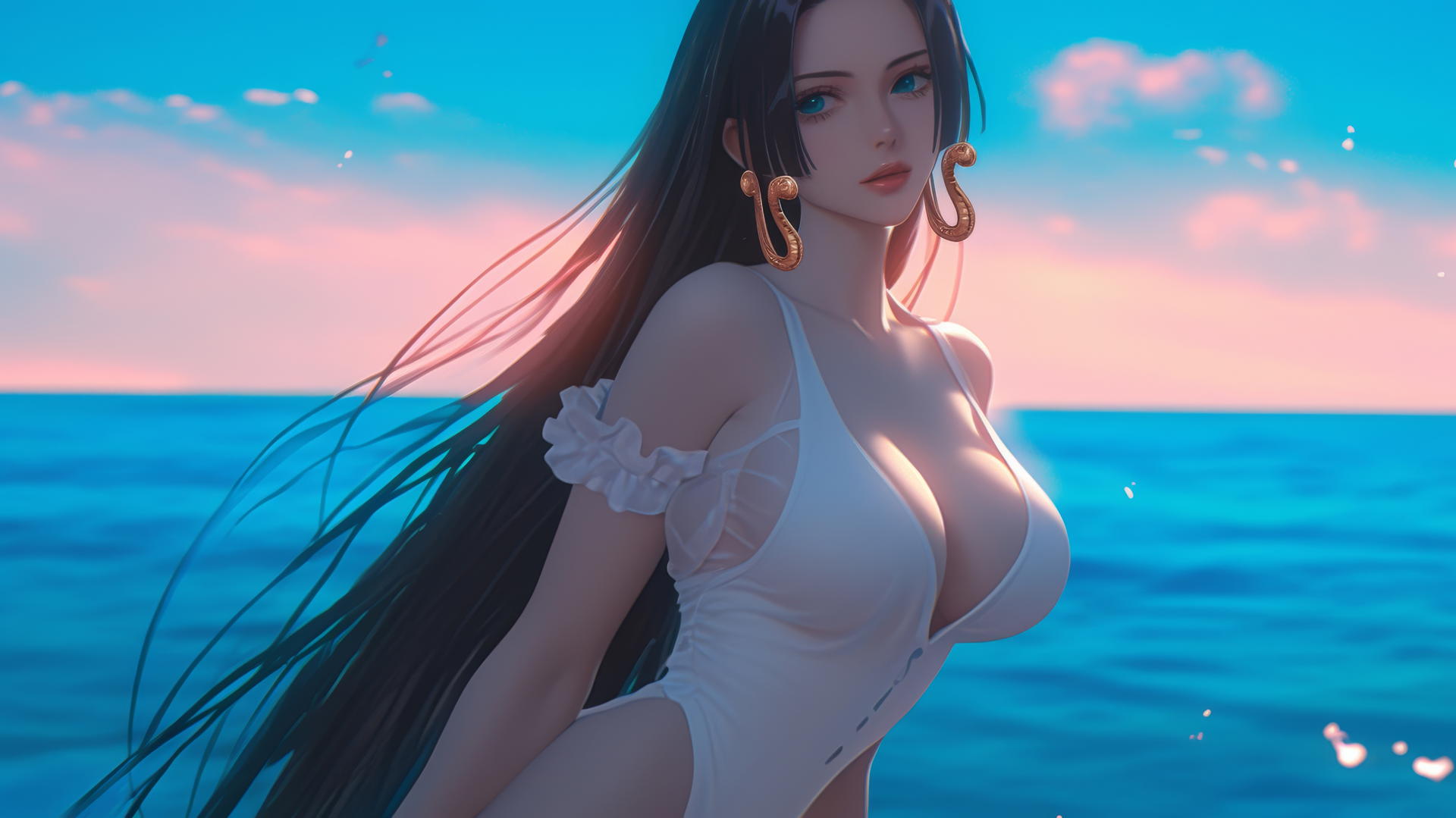 Boa Hancock running on the beach at sunset with a neon pink sky