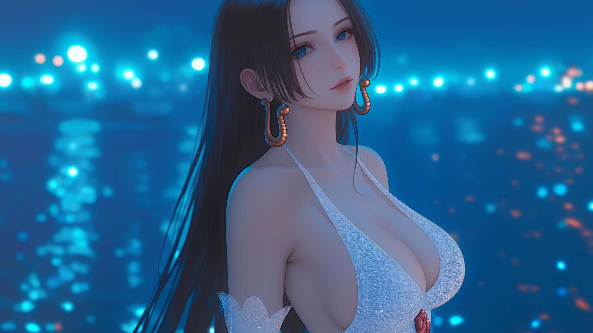 Boa Hancock from One Piece running on beach at romantic sunset with neon pink sky.