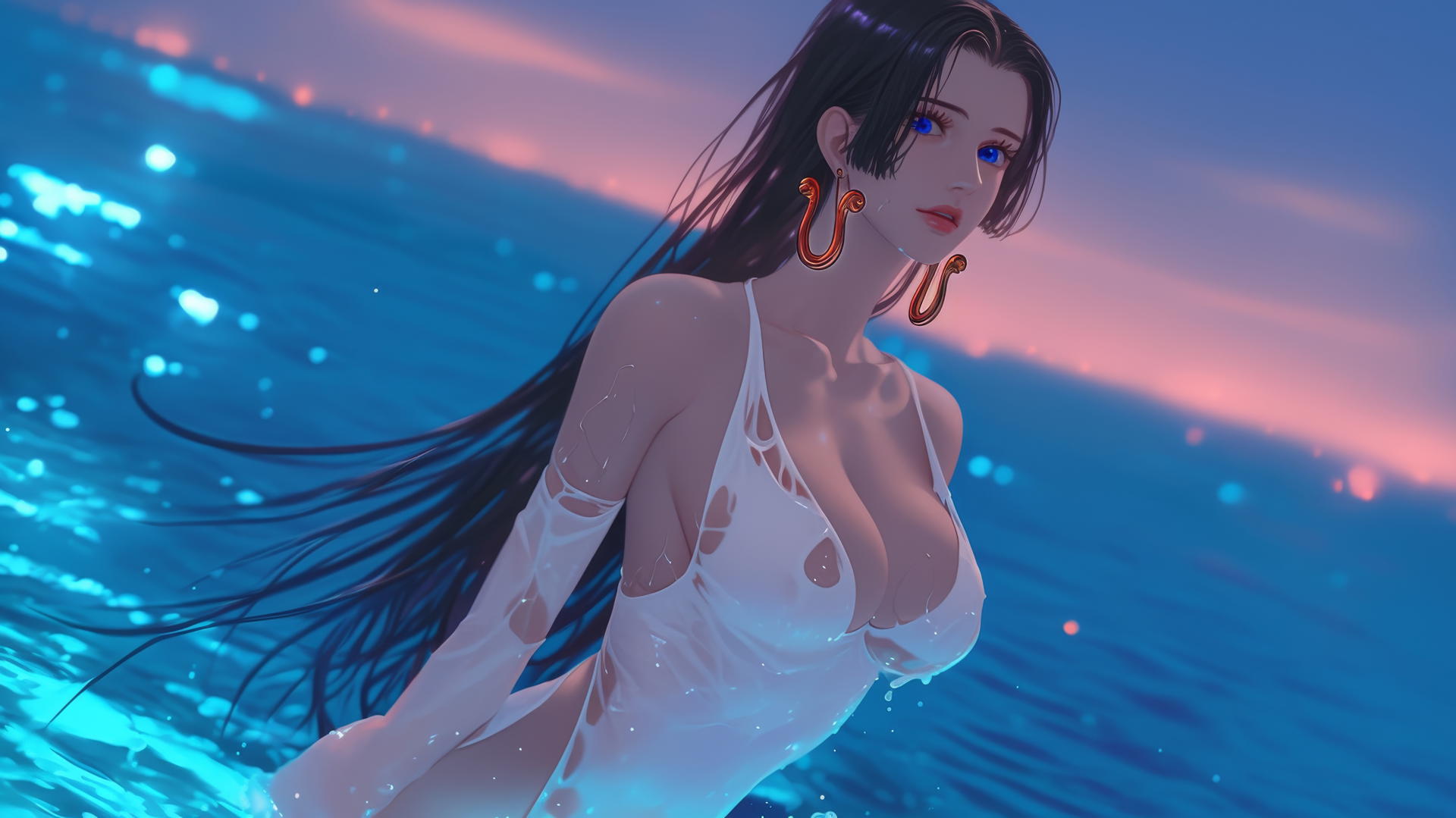 Boa Hancock from One Piece walking out of the sea at a neon pink sunset.