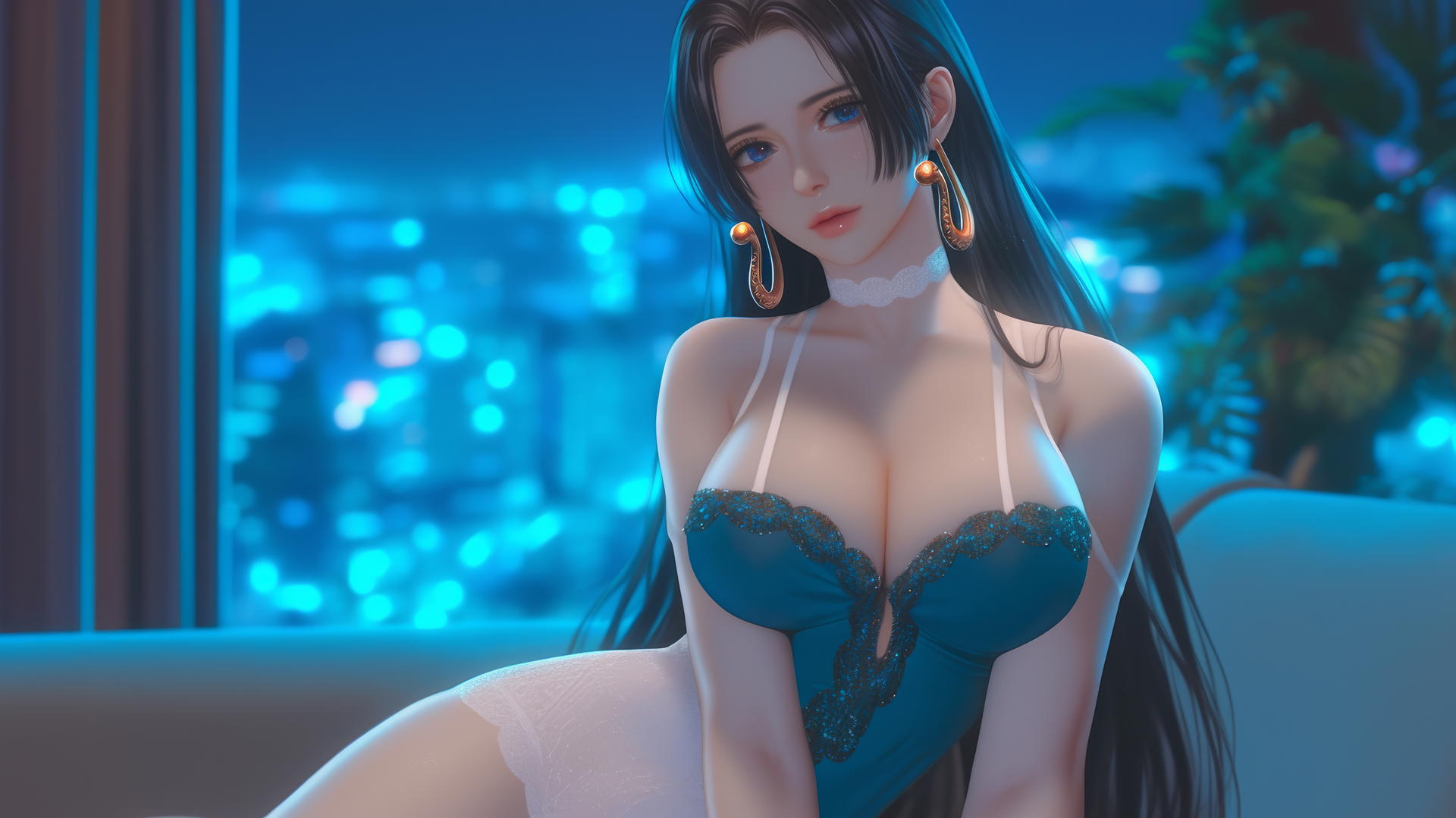 Boa Hancock resting in a modern hotel room with neon light glow