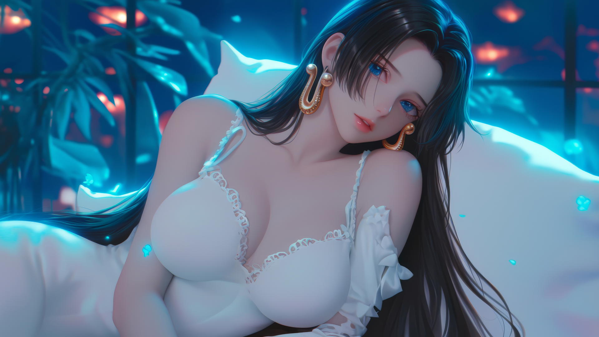 Boa Hancock from One Piece resting in a modern hotel room with a neon glow