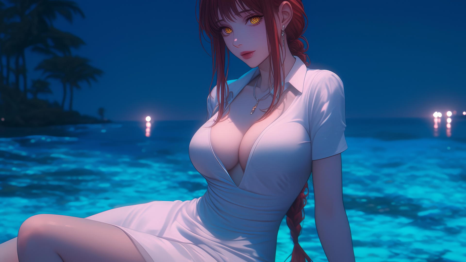 Makima from Chainsaw Man rests at sea under a neon pink sunset.