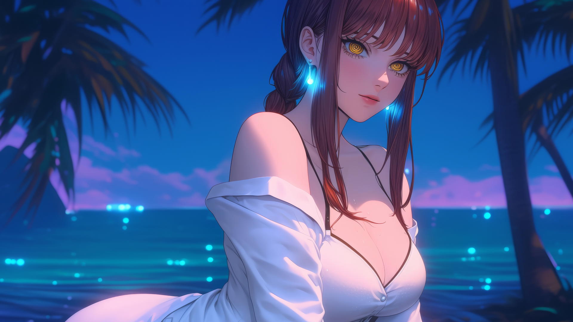 Makima from Chainsaw Man resting at sea during a neon pink sunset