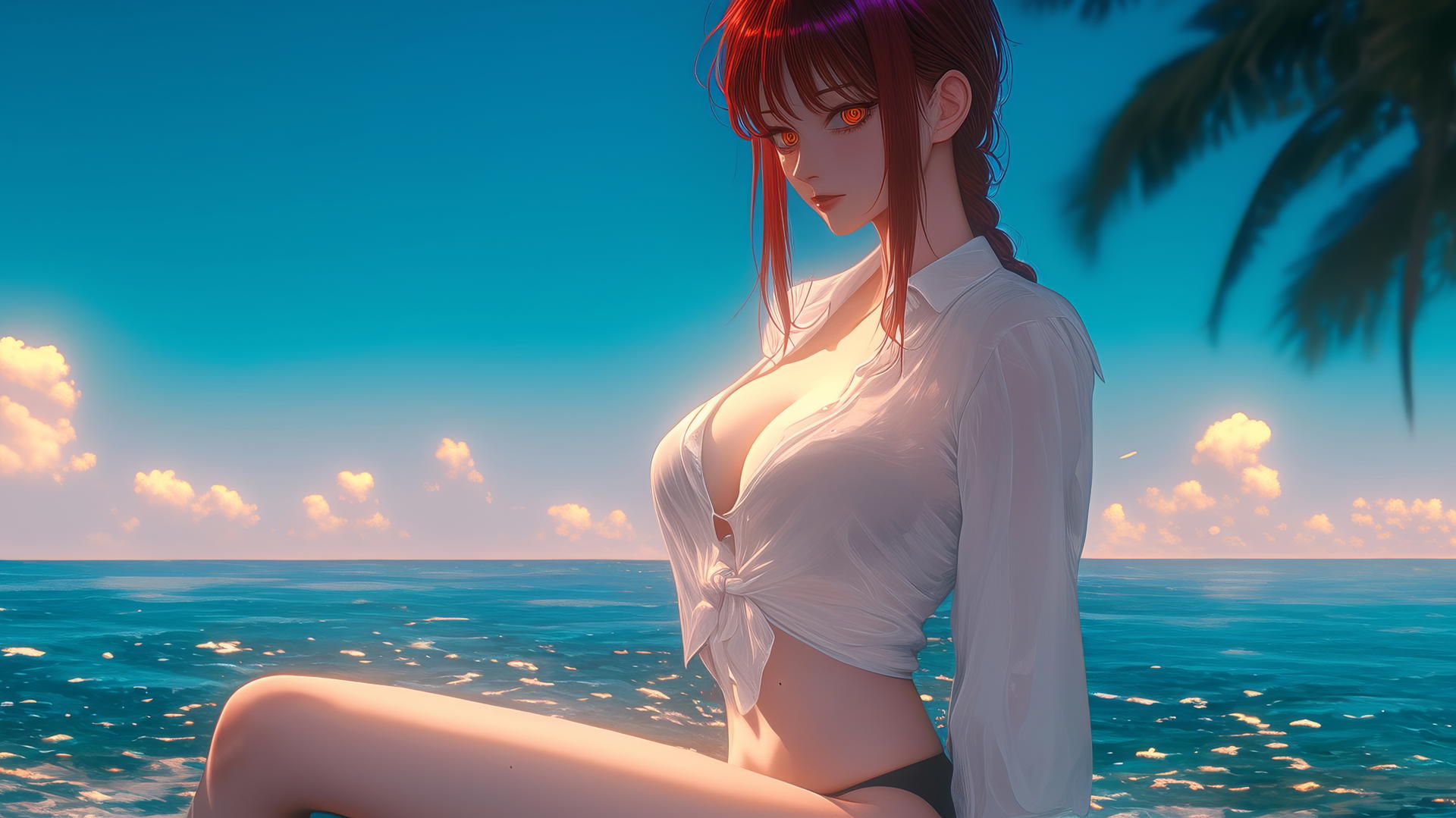 Makima from Chainsaw Man resting at sea during a neon pink sunset